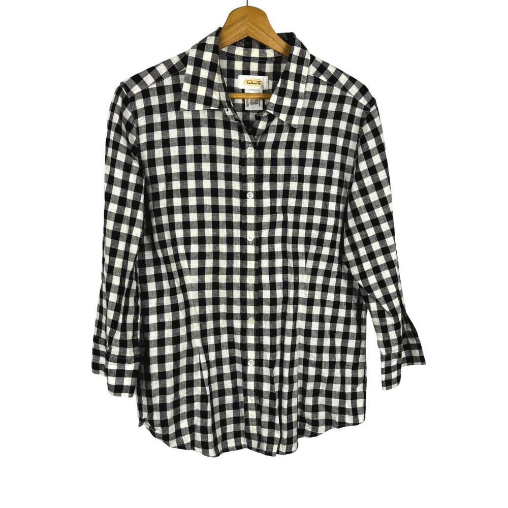 Talbots Womens Linen Cotton 3/4 Sleeve Button Up Shirt Sz M Black White Gingham